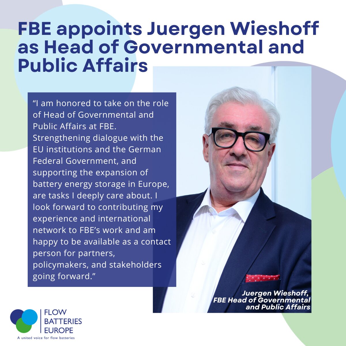 Flow Batteries Europe appoints Juergen Wieshoff as Head of Governmental and Public Affairs